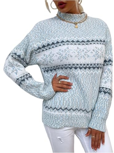 Générique Pull Moche Noel Femme Modèle De Flocon De Neige Pull De Noel Femme 2025 Noël Chaud Chic Et Elegant Christmas Sweater Demi - Hauteur Col Rond La Fête Pullover Bleu Ciel,XL