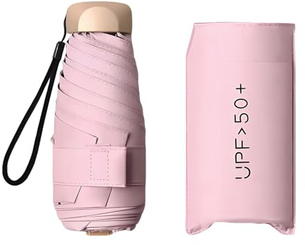 Enreluya Paraguas Plegable de Bolsillo, Sombrilla de Mano 6 Varillas, Protección UV 99% Impermeable, Mini Paraguas Protección Solar UV con Funda, Ideal Viajar y Bolsos Pequeños, Rosa