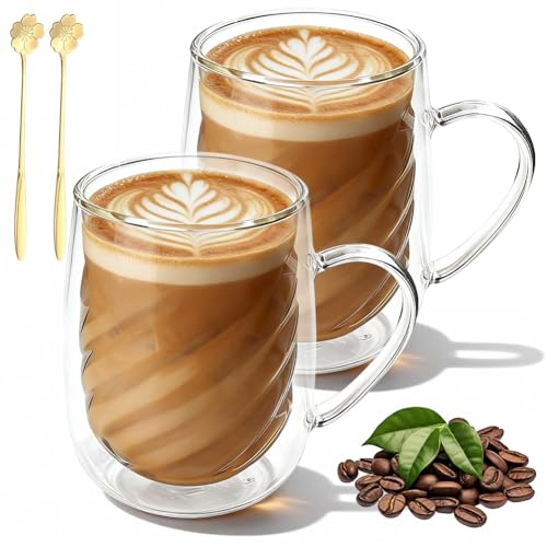CEWROM Bicchieri da caffè a doppia parete, 350 ml, a doppia parete, con manico e cucchiaio, in vetro borosilicato, a doppia parete, per cappuccino, tè, espresso, latte e birra (2 pezzi)