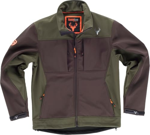 WORKTEAM Cazadora Caza y Pesca Softshell combinada con canesús. Cuello Alto y cubrecosturas Interior. Cierre de Cremallera de Nylon. Unisex Marron+Verde Caza-S