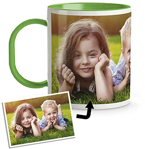 Taza de plástico personalizada. Taza infantil con foto. Taza personalizada libre de BPA y Bisfenol-A. INTERIOR Y ASA VERDE