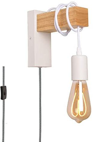 Moderne Weiß Holz Wandleuchte mit Stecker Schalter, Vintage Rustikales Retro Innen Wandlampe Verstellbare Hängende Wandhalterung, Industrie Lese Leuchten Deko für Wohnzimmer Bad Schlaf Kinderzimmer