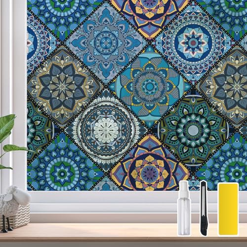 DKTIE Bathroom Window Privacy Film Decorative Films, Get Privacy While Still Letting Light Into Room, Included Tools Easy to Install, Static Cling Renter Frendly (B110-Blue, 35.4 x 78.7)