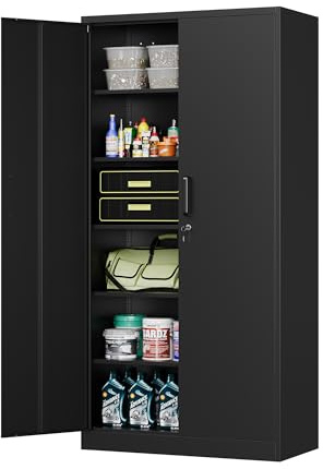 MIIIKO Metal Garage Storage Cabinet with 2 Doors and 5 Shelves,71 Metal Cabinets,Lockable Storage Cabinet for Home Office,Garage.