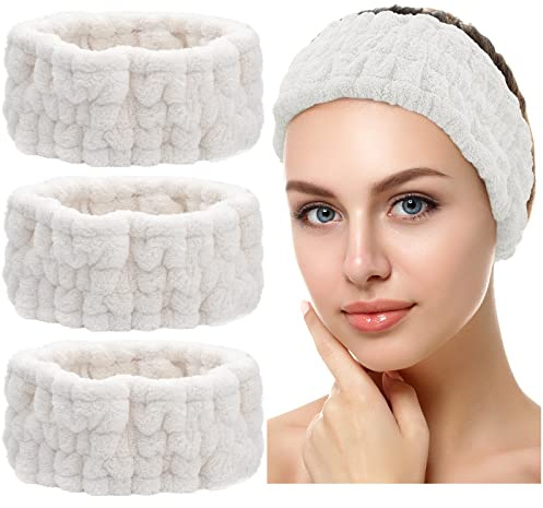 Chuangdi 3 cerchietti per capelli da donna, per il trucco del viso, in morbida spugna, per lavare la maschera per il viso, regali per spa e doccia (bianco)