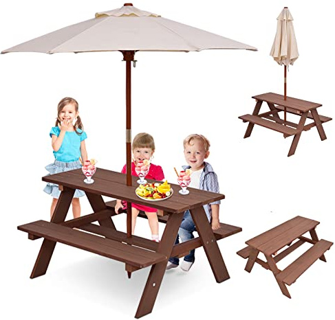 DREAMADE Table de Pique-Nique Enfant en Bois avec Parasol Amovible,Table Exterieur Enfants avec Banc,4 Places,pour Jardin,Terrasse,Patio,Balcon,89x79x50CM