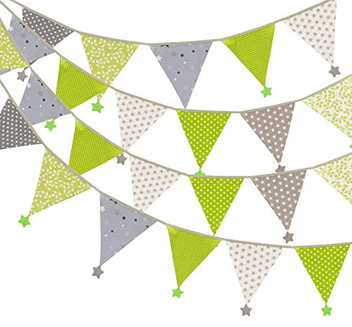 G2PLUS Wimpelkette mit Sternen Stoff: 4M Grün und Grau Wimpel mit 12 STK Wimpeln, Girlande im in Frisch Stil für Kinderzimmer Parteien Geburtstagsfeier