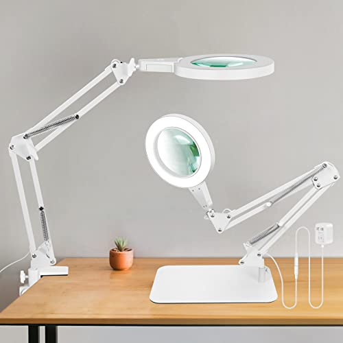 Lampe Loupe de 15X sur Pied, Contrôle Tactile, Lampe de Bureau avec Base Large et Pince, 3 Modes de Couleur Réglables, Loupe avec Lumière pour Loisirs et Passe-Temps, Blanc