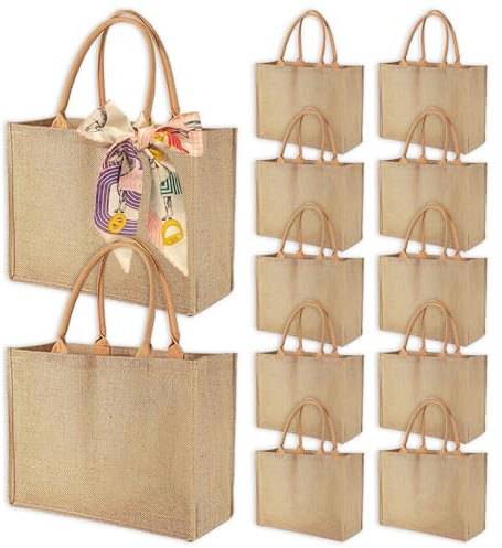 GOUWEIBA 12 Pezzi Borsa Juta Naturale Riutilizzabile e Impermeabile, Tote Bag per Shopping, Picnic, Regali e Spiaggia