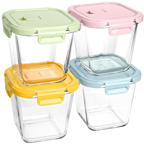 Susukkie Glass Soup Containers with Lids 32oz - Borosilicate Glass Storage Containers 4 Cup, Freezer to Microwave Safe, Airtight Leak Proof, Square Meal Prep Containers for Lunch Travel- 4 Pack