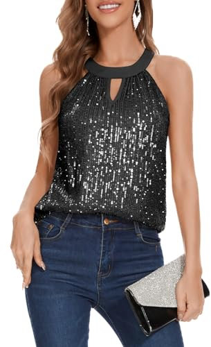 DRESSTELLS Glitzer Oberteile Damen Neckholder Top Pailletten Oberteil Schwarz Ärmellose Bluse Elegant Glitzertop Frauen Sommer Party Outfit Sexy Disco Tshirt Black XL