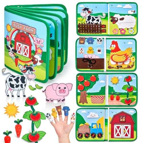 BelleVive Quiet Book med bondgårdstema, 15 i 1 buss-bräda av mjuk filtbok för tidig utbildning, sensoriska färdigheter, kreativitet, busy book för bilresor, Montessori-leksak