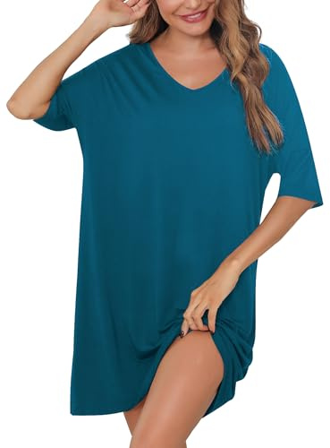 Irdcomps Chemise de Nuit Femme Coton Chemises de Nuit Grande Taille Robe de Nuit à Manches Courte Vêtements de Nuit Ete Col en V Nightie Sleep Nightgown Couleur Unie Loose Casual Stylish Soft