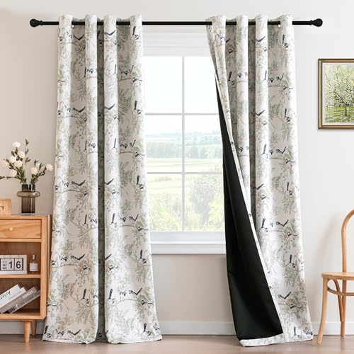 H.VERSAILTEX 100% Blackout Floral Curtains 84 inch Length 2 Panels Set Patterned Vintage Curtain Drapes Printed Thermal Insulated Curtains for Bedroom Living Room Window Treatments, Pale Aqua/Black