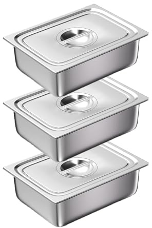 Buudreza Set di 3 vaschette per paniera, contenitore GN 1/2, 32,5 x 26,5 x 6,5 cm, per braciole, contenitore per gastronorm, in acciaio inox con coperchio, cotolette di carne, pesce – metallo
