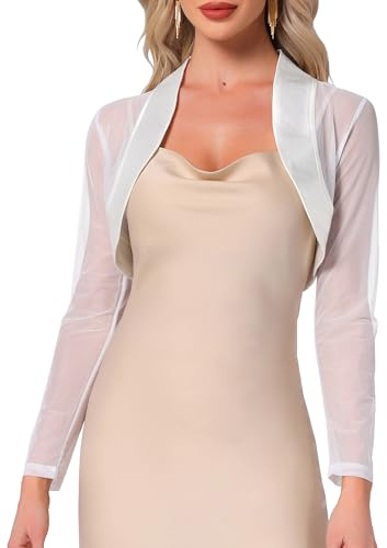 Allegra K Satin Shrug for Women's Evening Dresses Mesh Formal Coverup Open Front Long Sleeve Cropped Bolero Medium White