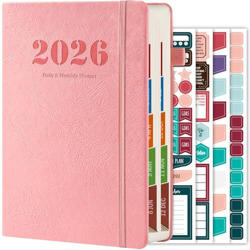 2026 Diary Page A Day, Jan 2026 - Dec 2026, 2026 Daily and Monthly Planner Calendar with Hourly Schedule, Monthly Tabs, 4 Planning Stickers, Inner Pocket, School Office Supplies, 21.5 X 14.5 cm, Pink