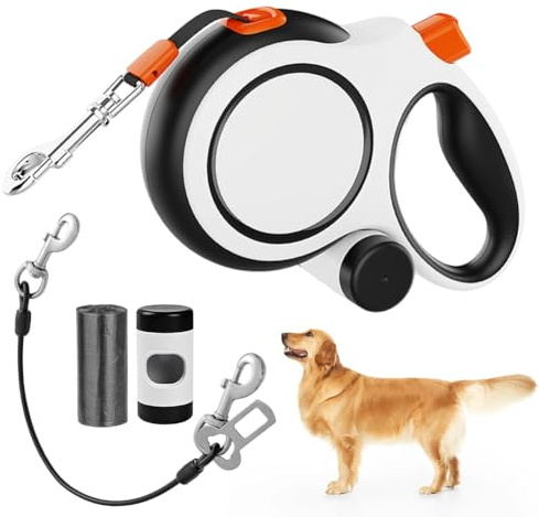 Indragbart hundkoppel 8 m, 360° anti-trasseldesign, rullkoppel med bitskydd och bajspåsdispenser, dragkoppel, med halkfritt handtag, flexikoppel för hundar 15–50 kg (vit)