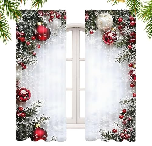 Uoqpty Weihnachtsgardine,2 Stück Weihnachtskugel Aufdruck Fensterabdeckung - 2D Flach Gedruckte Dekorative Gardinen Mit Schneeflocken Und Tannenzweigmuster,Für Zuhause Winterparty Feierlichkeiten Und
