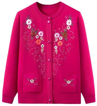 Generico Cardigan per Donne Anziane, Cardigan in Maglia Fine, Maglione per Donne di Mezza età, Ricamo Floreale, Indossato dalla Nonna, Morbido E Caldo, Top Casual per L'Autunno E l'inverno, Rosa Ro