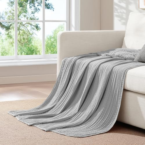 Topfinel Musselinfilt 150 x 200 cm, 100 % bomull, mjuk och bekväm pläd, överkast och pläd för soffa, lätt och andningsbar sommarfilt, grå, mångsidig användning, picknick