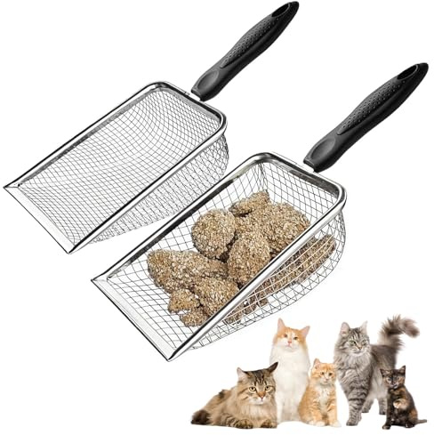 Cryptisg 2 stycken kattskyffel, robust och hållbar kattlåda i rostfritt stål, reptilsandspade med högkvalitativt och raffinerat filter, för kupor, gård, sand, stenar, jord