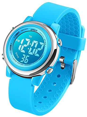 Orologio sportivo da polso per bambini, digitale, unisex, a LED, impermeabile, a batteria, con cronometro e sveglia, ideale per sport all’aperto, blu