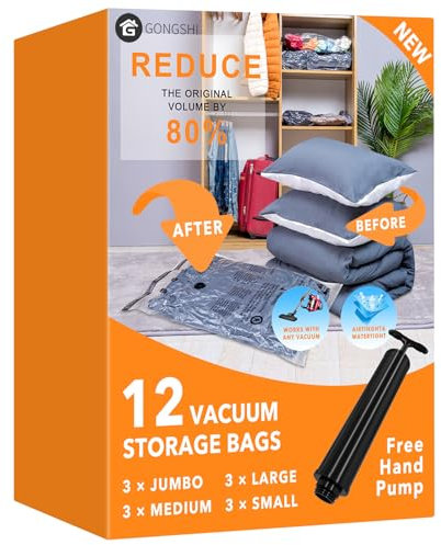 GONGSHI Vacuum Storage Bags (3 x Jumbo, 3 x Large, 3 x Medium, 3 x Small), Space Saver Sealer Compression Bags with Travel Hand Pump