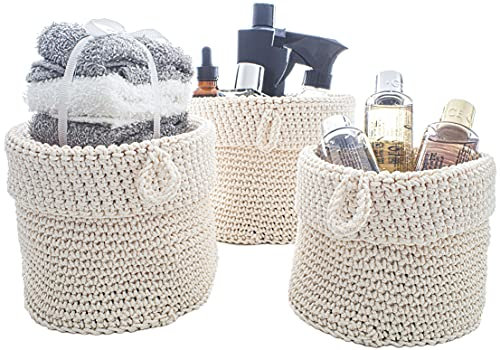 Round Storage Baskets, Set of 3, Cream, Fabric Basket Organisers, Woven Knitted, Baskets, Beige, Woven Storage Rope Basket