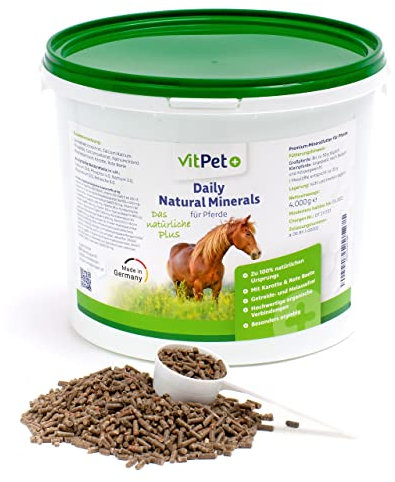 VitPet+ Daily Natural Minerals – Premium Mineralfutter Pferde im 4 kg Eimer inkl. Dosierlöffel – Getreidefrei mit hochwertigen organischen Verbindungen von Zink und Selen
