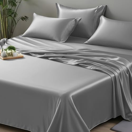 LINENWALAS 100% Organic Bamboo Only Flat Sheet Softest Cooling Luxury Bedding Flat Bed Sheet Perfect for Hair and Skin Luxury Bedding Flat Bed Sheet (Charcoal Grey, Super King)