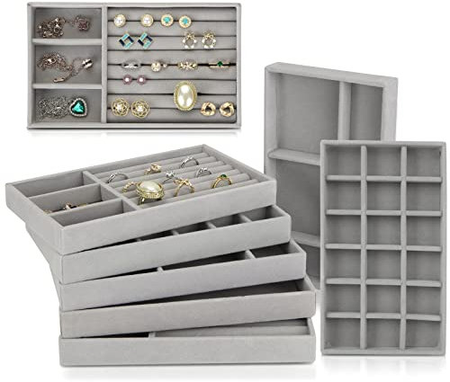 AKOLAFE 8PCS Jewelry Tray Large Jewellery Drawer Organiser Stackable Jewellery Organiser Tray Grey Jewellery Organizer Storage Box for Displaying Earring, Ring, Necklace & Bracelet