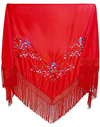 Carnavalife Châle avec broderie de Sévillane pour fête de danse, flamant rose et foires, couleur noir, rouge et blanc