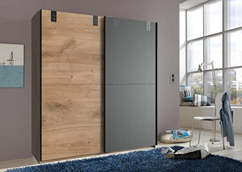 möbelando Schwebetürenschrank Cardiff aus Spanplatte in Plankeneiche-Nachbildung mit 2 Türen und 2 Einlegeböden. Abmessungen (B/H/T) 180x198x64 cm