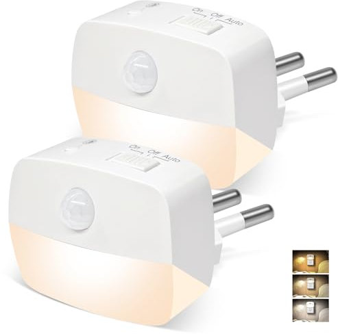 Luce Notturna da Presa, 2 Pezzi 3 Modalit(AUTO/ON/OFF) con Sensore, 3 Colori Chiari Regolabile, LED Lampada da Comodino per Armadio, Scale, Bagni, Corridoi