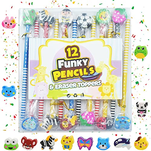 Devenirriche 12Pcs HB Cartoon Pencils with Rubbers, Wooden Graphite Pencils with Erasers Toppers for kids School, Cartoon Animals Patterns Pencils with Box for Kids Party Favours Filler Birthday Gift