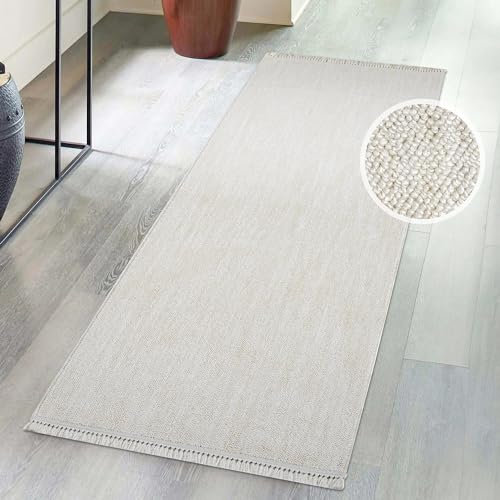 carpet city Kurzflor Teppich Flur Creme - 80x300 cm Läufer - Einfarbig, Meliert - Fransen-Teppiche Modern, Boho für Schlafzimmer, Wohnzimmer