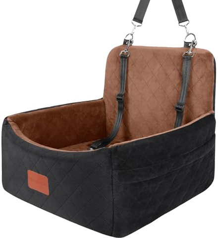 WOOAIDAGG Hundefahrersitz für kleine/mittlere Hunde, tragbare Reisehundebett mit Memory-Schaum, abnehmbar und waschbar, 3-Riemen-Sicherheitsfahrersitz für Hunde (Black/Brown, Small)