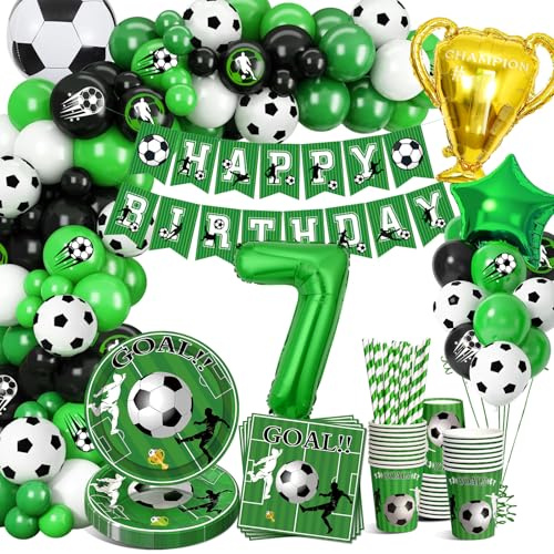 YEJIKJ Fotbollsdekoration födelsedag barn 7 år, fotbollsballong 7. Födelsedag, fotbollsdekoration, partyporslinsset, fotboll födelsedagsdekoration pojkar 7 år för 16 gäster