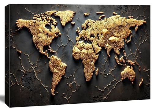 Visario Leinwandbild Goldene Weltkarte 120x80 cm 5047 - Kunstdruck auf Leinwand fertig aufgespannt auf Holzrahmen - Moderne Wanddekoration Gold Schwarz für Wohnzimmer Büro Schlafzimmer Art Nr 5047