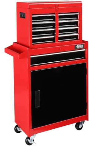 Bonnlo 5 Drawer Rolling Tool Chest, Tool Storage Cabinet, Lockable Wheels, Detachable Top & Adjustable Shelf, Mechanic Tool Organizer Box for Garage, Workshop, Warehouse & Repair Shop, Red