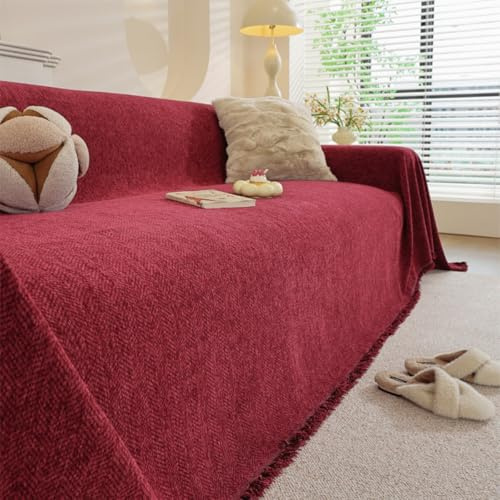 Surwin Telo Copridivano 1 2 3 4 Posti, Elegante Coperta Tinta Unita, Copriletto Matrimoniale Copritutto, Reversibile Copridivani Divano, Decorativa per Divano (Rosso 01,180x300cm)