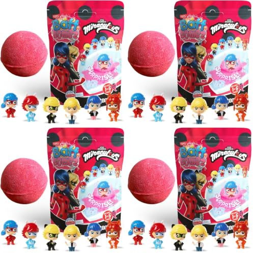 ZIMPLI - Grande Miraculous Bombe de Bain Surprise, 6 Jouets miraculeux à Collectionner au Total, Un par Bombe de Bain, Jouet pour Le Bain à Collectionner pour Les Enfants (Lot de 4)