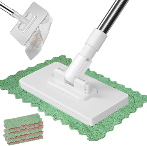 Wischmopp mit Druck-Klemm-System, Mini Mopp, 1-Knopf-Wechsel ohne Händewaschen, Automatisches Klemmtuch, Bodenwischer mit Teleskopstiel, inkl 10 wiederverwendbare Mikrofasertücher, für Haushalt & Büro