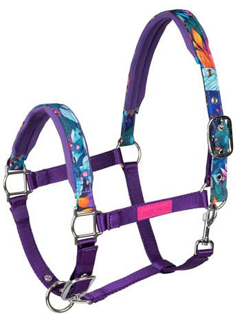 GALOP WEAR Power Flower Headcollar - Colourful Horse Halter with Floral Pattern & Neoprene Padding - Heavy Duty Stable Halter for Horses & Ponies - EU Quality - Purple (COB)