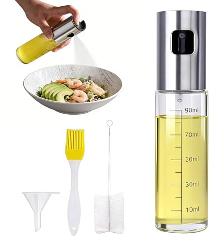 Reochps Oil Spray Bottle 4pcs Glass Oil Storage Bottles 100ml Press Type Leakproof Oil with Accessories for Cooking Air Fryer BBQ Salad Kitchen Glass Oil Dispenser