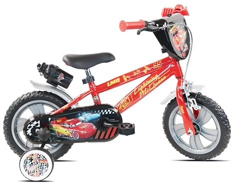 Vélo 12 Cars de Disney - 1 Frein - Pignon Fixe - Pneus Increvables EVA - Roues Bâtons - Plaque Avant décorative - 2 Stabilisateurs - Garde Boue - Carter de Protection - Porte Bidon et Bidon arrière