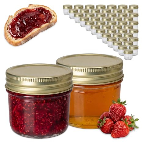 Relaxdays Tarros, Set de 50, 120 ml, Tapa Twist-Off, para mermeladas y conservas, Transparentes/Dorados
