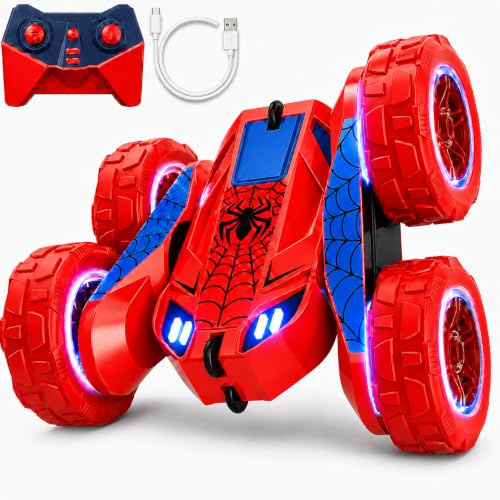 MaxTronic USB-C Dual Direct Charging Remote Control Cars – High/Low Speed 15km/h, 360° Flips, LED Lights, 4WD Off-Road, 2.4GHz Rechargeable Stunt Car, Durable RC Toy Gift for Boys Girls Age 3-12