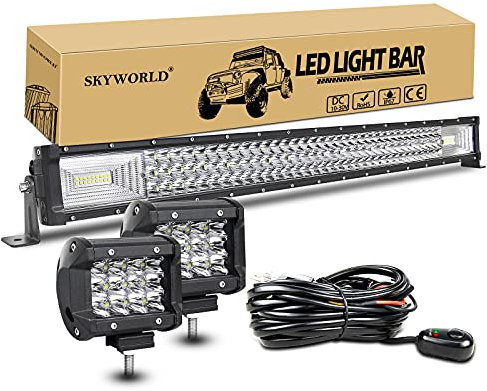 SKYWORLD 32 Zoll LED Arbeitsscheinwerfer Bar 405W Off-Road Zusazuscheinwefer 12V 24V, 2 X 4 Zoll 36W Spot Led Scheinwerfer Arbeitslichtleiste + Kabelbaum Kit für Traktor LKW ATV UTV Fahrzeuge